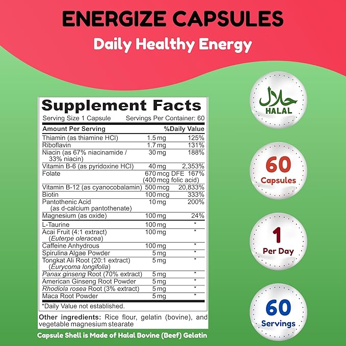 SHIFAA NUTRITION Energize, Natural Daily Energy Vitamins | Jitter-Free, 60 Servings | Supports Focus, Mood, Brain, Metabolism | w/Caffeine & Taurine, B1, B2, B5, B6, B7, B9, B12 Halal Vitamins