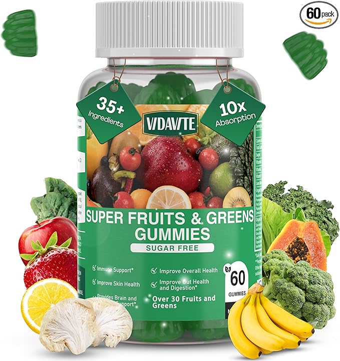 VIDAVITE Sugar-free Super Greens Gummies — US-Made, 35+ Fruit and Veggie gummies to Boost Immunity, Skin & Gut Health — Ideal Fruits and Vegetables Supplement for Adults & Picky Teens (30-Days Supply)