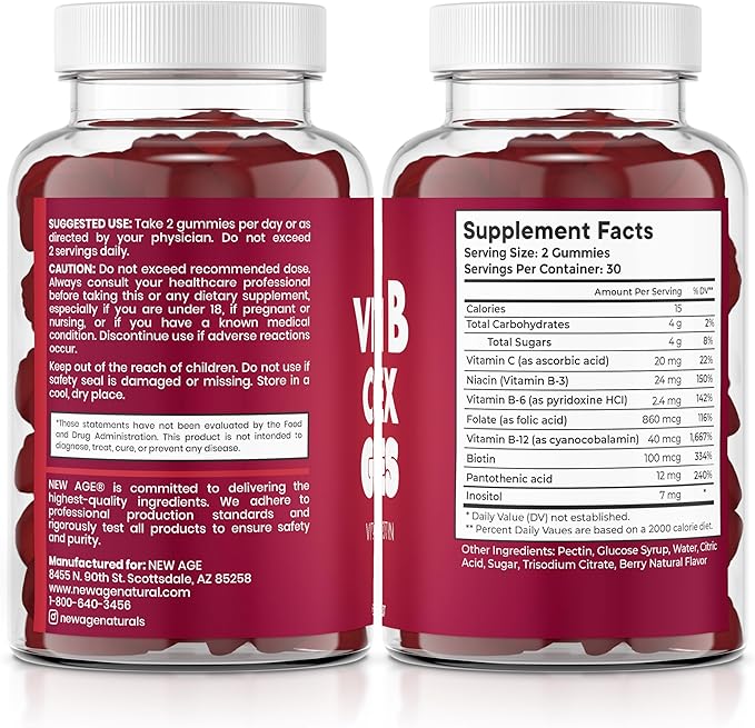 NEW AGE Vitamin B Complex Gummies with Vitamin B3, B6, & B12 – with Biotin, Folic Acid & Vitamin C – Gluten-Free, Vegan, Made in The USA! (120 Count (Pack of 2))
