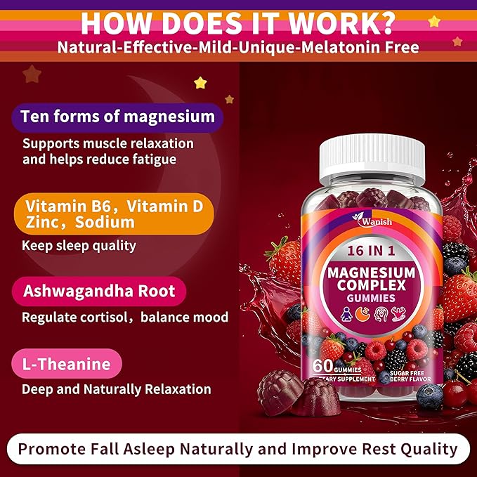 3 Packs-Magnesium Complex Gummies for Women Men，16 in 1 Calm Magnesium Gummy with Glycinate Citrate Malate Taurate - Ashwagandha, L-Theanine, D3&Zinc for Relaxation, Sleep, Muscle&Heart Support, Berry
