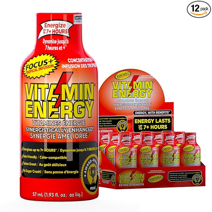 Vitamin Energy Focus+ Extra Strength Energy Shot Tropical Infusion 12 Pack, 260mg Natural Caffeine, B-Vitamins, CoQ10, Amino Acids, Focus, Productivity & Clarity, Zero Sugar, Gluten-Free, 1.93 fl oz