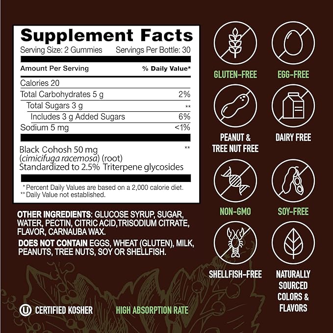 YUM-V'S Strong Earth Black Cohosh Root 50mg (60 Count) - Natural Extract Menopause Supplements Night Sweats & Hot Flashes for Women