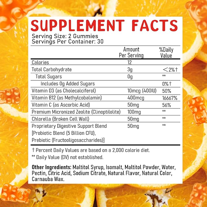 Zeolite Kids Detox Gummies - Total Body Cleanse Micronized Chewables Supplement with Chlorella - Orange Flavor Vegan Non-GMO Gluten-Free