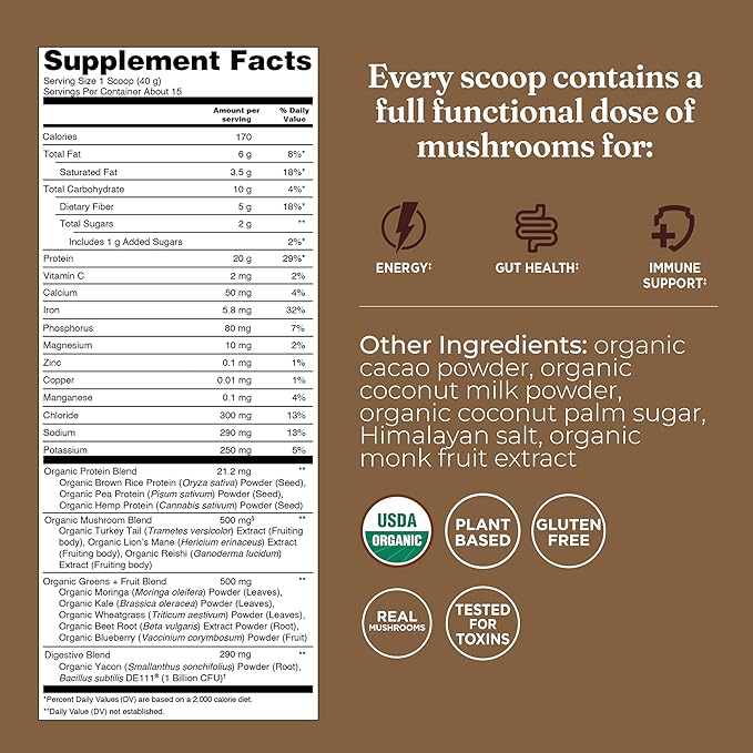 Four Sigmatic Organic Plant-Based Protein Powder | Clean Vegan Protein Elevated with Lion’s Mane, Chaga, Cordyceps and More for Brain Function and Immune Support | Creamy Cacao, 21.16 oz