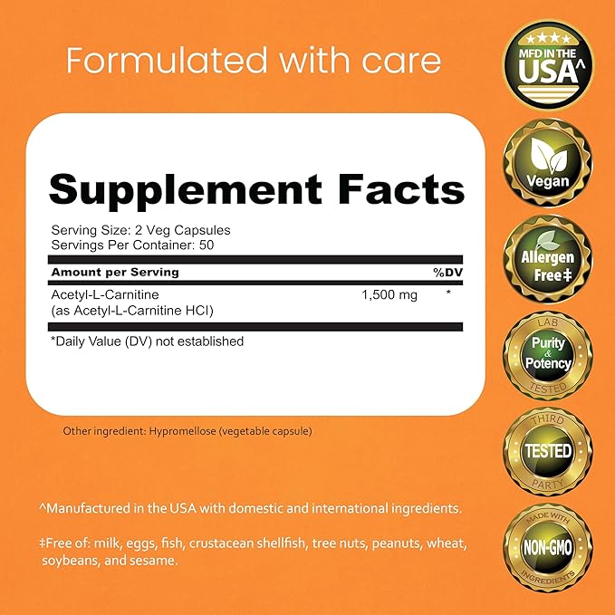 NaturaLife Labs Acetyl L-Carnitine (ALCAR) 1500 mg per Serving – 100 Capsules – Non-GMO, Gluten-Free, Vegan (2 Pack)