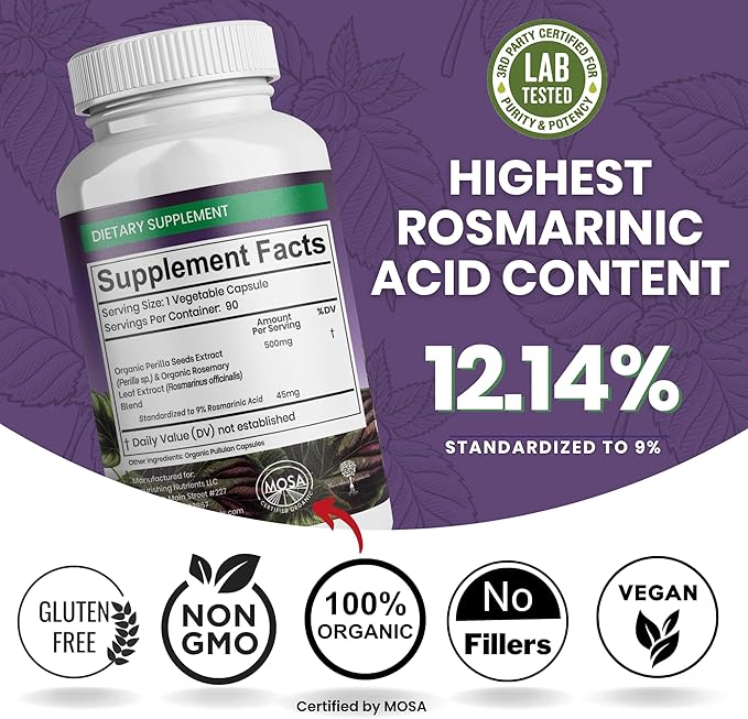 Organic Perilla Seed Extract with 9% Rosmarinic Acid - USDA Certified - Allergy Relief, Respiratory and Immunity Booster- Th2 Cytokines, Naturally Occurring Luteolin - 500mg 90 capsules