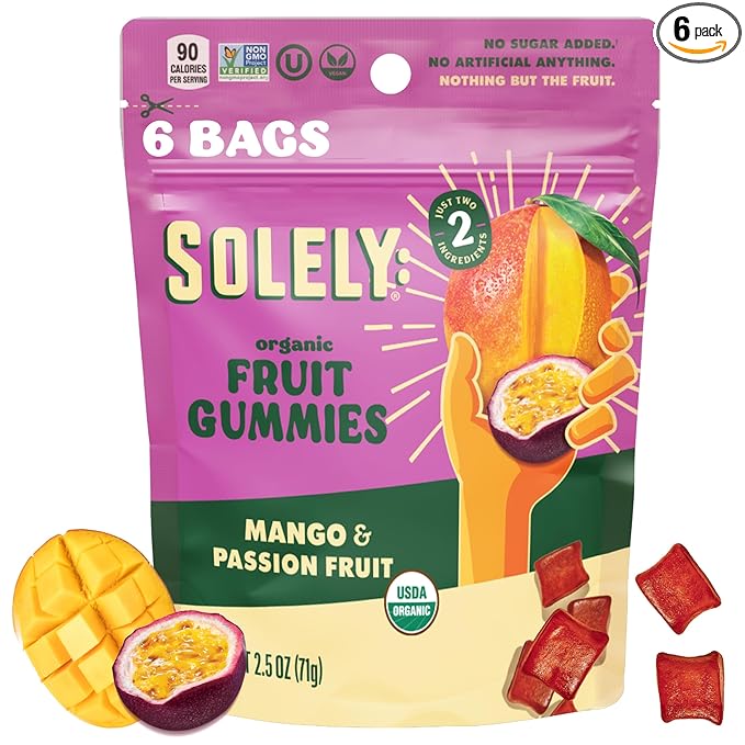SOLELY - Organic Mango & Passion Fruit Whole Fruit Gummies (2.5 oz Large Pouches, Pack of 6) - Real Fresh Fruit, Healthy Snacks for Adults & Kids - Non GMO, Vegan Snacks, Shelf Stable - 6 Bags (15 oz)