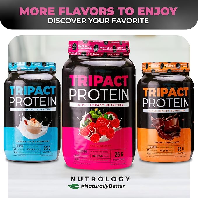 Nutrology TRIPACT Protein Powder - 7-in-1 Meal Replacement Shake with Grass Fed Whey Protein Powder, Pea, Rice, Greens for Muscle Recovery & Immunity, Superberry Flavor, 40 Servings