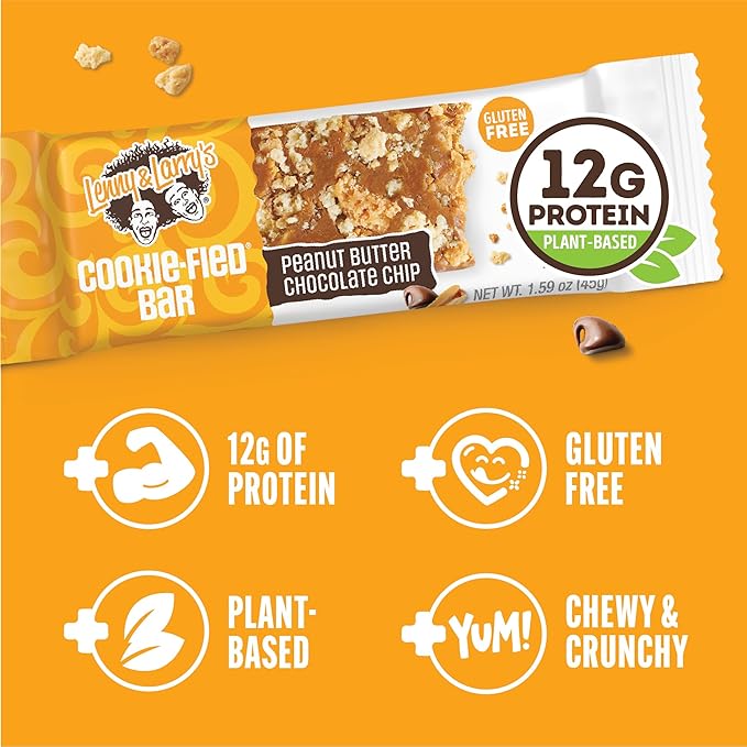 Lenny & Larry's Cookie-fied Protein Bar – Peanut Butter Chocolate Chip Vegan 9x45g – Healthy Snacks with 12g Plant Protein & 5g Fiber – Gluten Free Power Bar, Non-GMO & Vegan