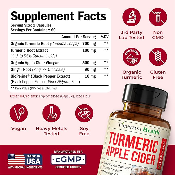 Organic Apple Cider Vinegar with Turmeric Curcumin Supplement & Ginger for Digestive Health, Metabolism, Energy & Joint Support – Organic Turmeric & Apple Cider Vinegar Capsules – 120 Vegan Capsules