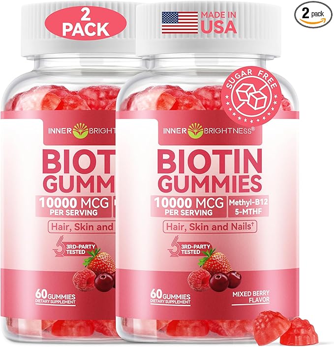 Inner Brightness Biotin Gummies 10,000 mcg – Hair, Skin and Nails Support for Women & Men – with Vitamins C, D3, B6, B12 & Folate – Mixed Berry Flavor, Sugar Free, 120 Count (2 Pack)