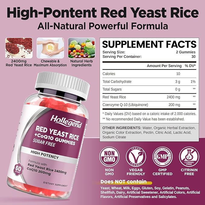 Red Yeast Rice with Coq10 Gummies Sugar Free,Organic Red Yeast Rice 2400mg Enhanced with Coenzyme Q10 200mg, Vegan, Non-GMO, 120 Chewables