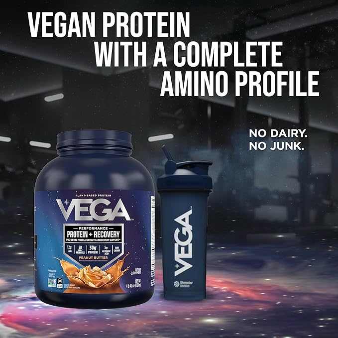 Vega Sport Vegan Protein Powder + Recovery - 30g Plant Based Protein per Serving, Peanut Butter, 45 Servings, 5g BCAAs, Probiotics, NSF Certified, for Shakes & Smoothies, 4.2lbs (Packaging May Vary)