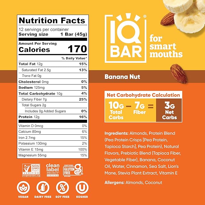 IQBAR Clean Plant Protein Bars - Banana Nut - 12 Count - Keto, Vegan, High Fiber, Gluten and Dairy Free, Low Sugar Snack - Brain and Body Nutrients for Focus, Energy, Meal Replacement