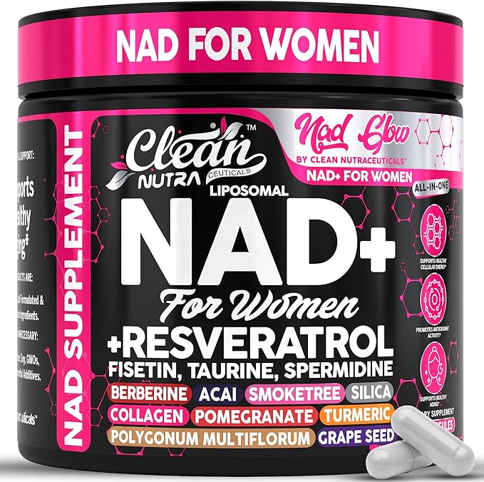NAD+ Resveratrol Supplement for Women NAD Turmeric Vitamin C Acai Pomegranate Collagen Peptides Nicotinamide Riboside Fisetin Vitamin E Polygonum Multiflorum Berberine 90 Capsules by Clean Nutra