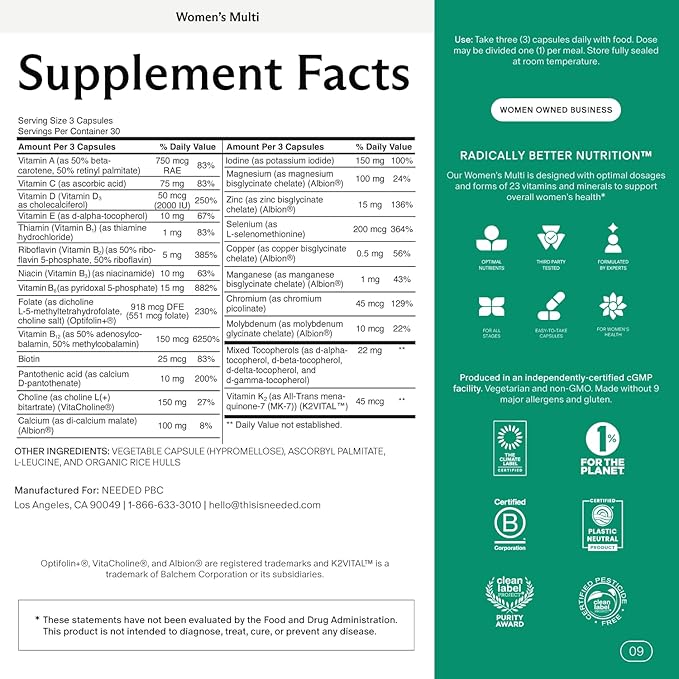 Needed. Multivitamin for Women with 23 Vitamins, Minerals and Antioxidants - Daily Womens Multivitamin - Vitamin B12, B6, D3, Choline, Calcium, Biotin, Magnesium, Folate and More, Citrus Scented