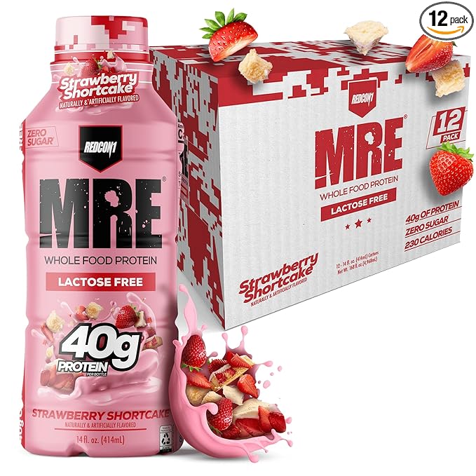 REDCON1 MRE Ready to Drink Protein Shake, Strawberry Shortcake- Lactose Free RTD 40gr Protein Made with Real Whole Food Protein Blends - Easy to Digest Nutritional Shake (12 Pack)