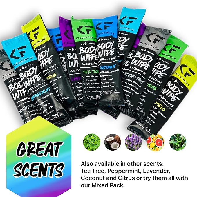 The Klean Freak Body Wipes - 12 count Individually Wrapped | Showerless Body Wipe for Women & Men | Sustainable Bodywipes for Gym, Travel, Camping | Mixed