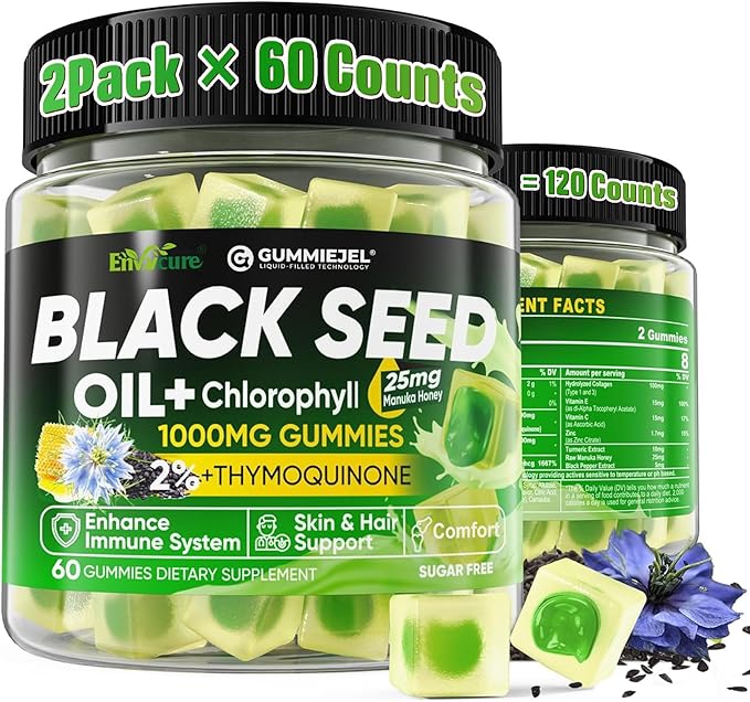Black Seed Oil Gummies & Chlorophyll, Biotin 500mcg with Hydrolyzed Collagen, Raw Manuka Honey, Organic Cold Pressed - Ultimate Absorption for Skin, Hair & Nails, Digestive, Overall Health,2 Pack