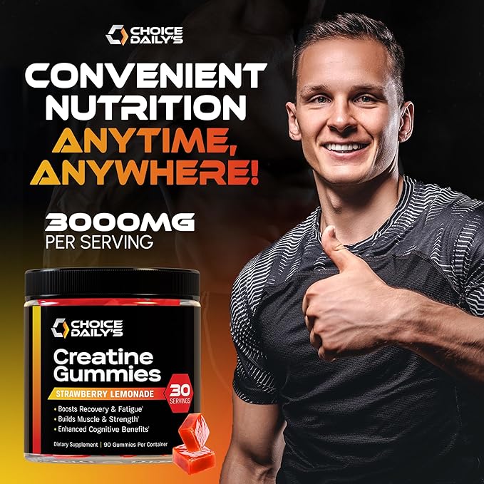 Creatine Gummies - 90 Vegan Friendly Chews - USA Made - Boosts Recovery - Builds Muscle - Enhanced Cognitive Benefits (Large, Strawberry Lemonade)