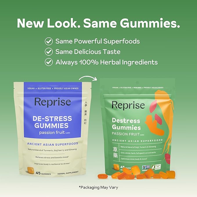 De-Stress Gummies with American Ginseng, Turmeric, and Goji - Assist with Stress Relief & Mood Boost, All-Natural Relaxation, Low-Sugar, 45 Vegan Gummies, Passion Fruit (Pack of 1)