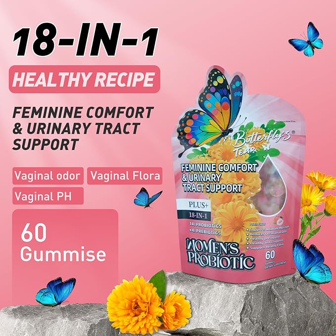 BUTTERFLY'S TEAR Women's Probiotic Gummies | 18-in-1 Feminine Comfort & Urinary Tract Support | 14 Probiotics + 4 Prebiotics | Peach Flavor | Intimate Moisture, pH Balance, Healthy Flora, 300 Chew