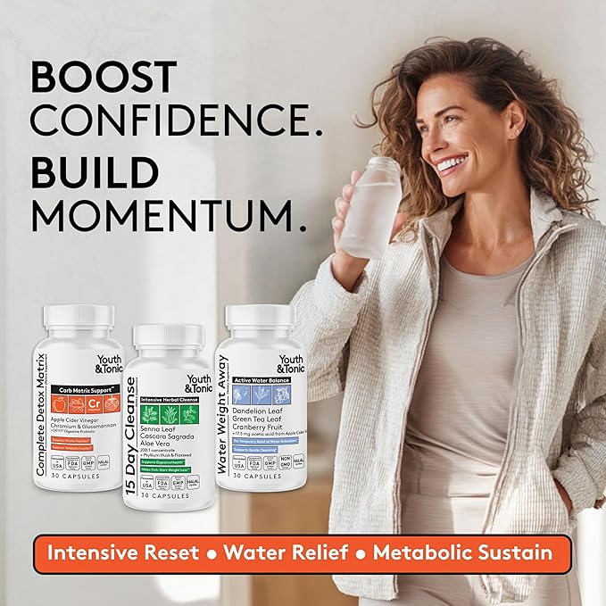 Youth & Tonic 3PK Detox Cleanse Kick Off Weight Management & Bloating Support – 15 Day Colon & Gut Cleanse, Water Weight Away & Detox Matrix Complex – 90 Pills