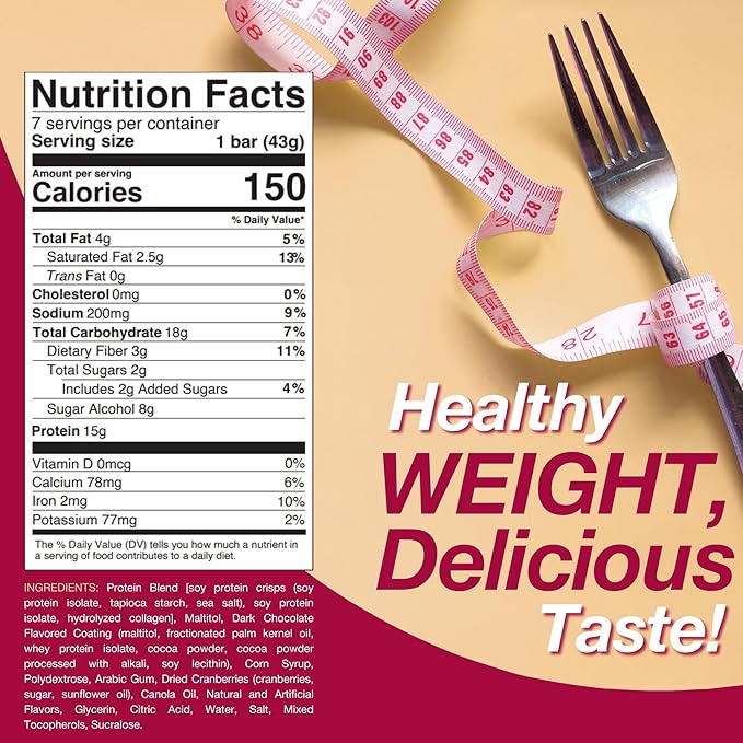 ProtiDIET Dark Chocolate and Raspberry High Protein Bars - Gluten-free, Low Fat and Fiber Enriched Snacks, Protein Bars with Collagen to Aid Overall Health - 7 Square Bars Per Box