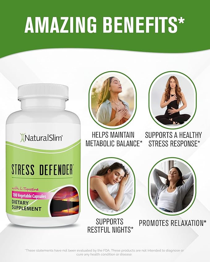 NaturalSlim Stress Relief Supplement - Stress Defender, High Cortisol Reducer, Control Cravings, Sleep & Metabolism Support with Vitamin B5 Pantothenic Acid & L Tyrosine 180 Vegetable Capsules 3 Pack