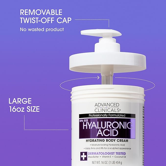 Advanced Clinicals Hyaluronic Acid Moisturizer Body Cream With Vitamin E | Hydrating Cream & Body Lotion For Women & Men To Help Improve Look of Wrinkles, Dry Skin, Crepey Looking Skin, 16OZ, 2-Pack