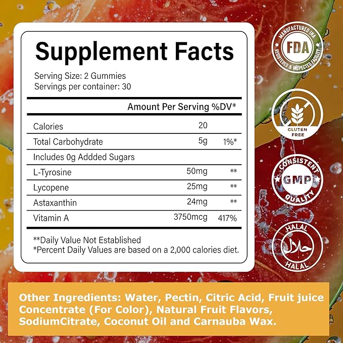 Tanning Gummies for Women, 2 Pack, Daily Skin Support Supplement, Sugar Free | Astaxanthin, L-tyrosine, Lycopene, Vitamin A | Radiant Skin & Antioxidant Support | Vegan, Non-GMO, 60 Servings