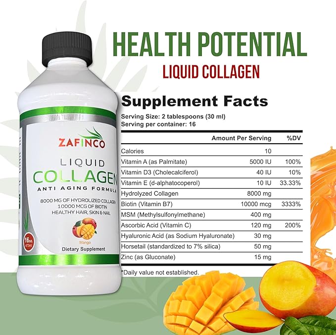 Best liquid collagen (mango flavor) US made & Lab tested sugar free premium peptides for women & men. powerful 10000 mcg Biotin+ 8000 mg hydrolyzed for anti aging glowing skin hair, nail+ joint-16floz