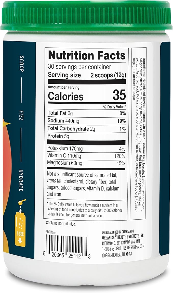 Organikа Electrolytes with Enhanced Collagen Powder for Women & Men - 13 oz - Zesty Lemon Berry-Flavored Effervescent Electrolyte & Collagen Drink Mix - Deep Hydration, Mobility, Skin, Hair, & Nails