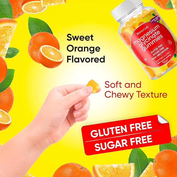 BionerLab Magnesium Glycinate Chewable Gummies (600mg) for Kids & Adults Women Men - Vegan Complex with Calcium Potassium Vitamin D B6 L-Theanine - Sugar & Gluten Free - Orange Flavor