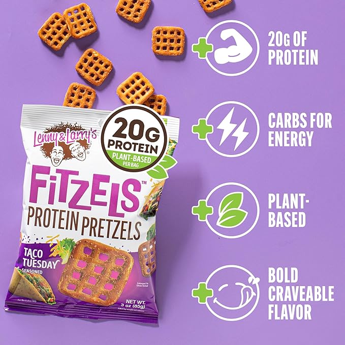 Lenny & Larry's Protein Pretzel [Taco Tuesday] FITZELS - Crunchy, Salty, Savory, Tasty Snack High in Protein - 20 g's of Plant Protein 8 Bags, 3 oz Each