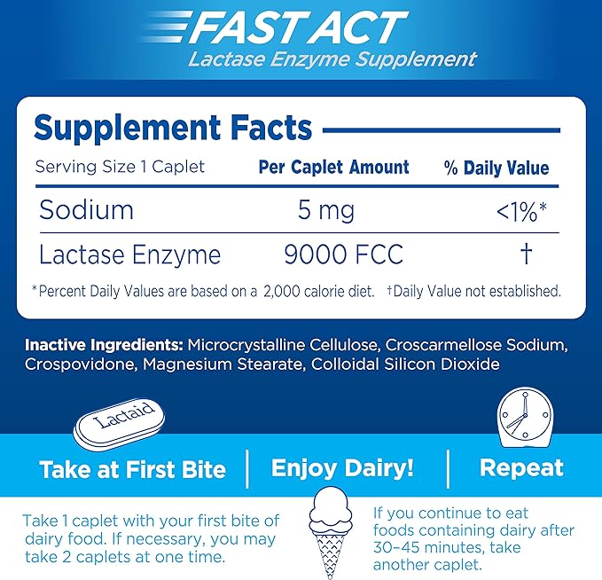 Lactaid Fast Act Lactose Intolerance Relief Caplets with Lactase Enzyme to Prevent Gas, Bloating & Diarrhea Due to Lactose Sensitivity, Ideal for Travel & On-The-Go, 12 Packs of 1-Count