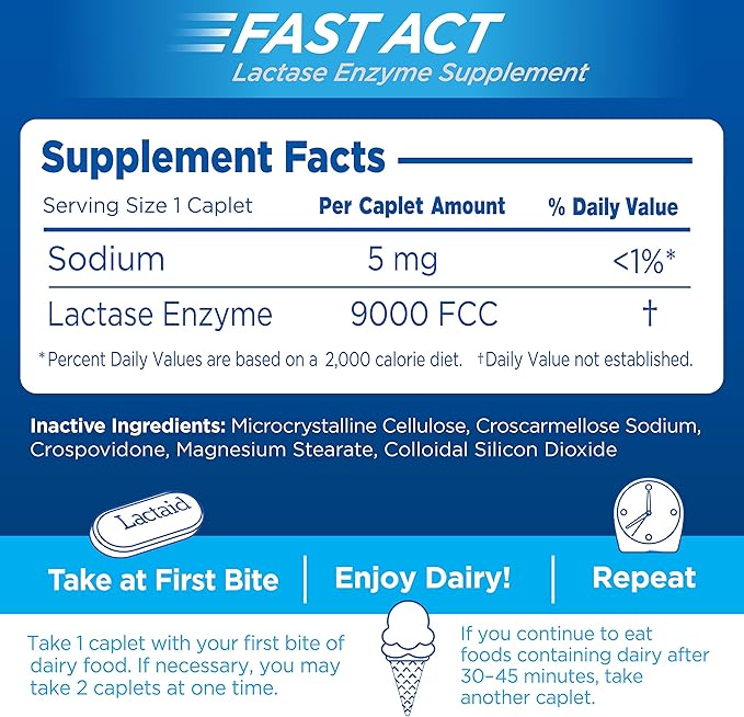 Lactaid Fast Act Lactose Intolerance Relief Caplets with Lactase Enzyme to Prevent Gas, Bloating & Diarrhea Due to Lactose Sensitivity, Ideal for Travel & On-the-Go, 32 Packs of 1-Count