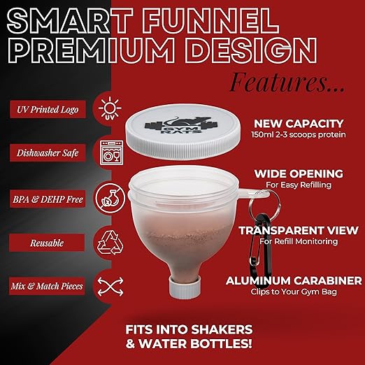 Protein Powder Funnel to Go with Carabiners & Reinforced Caps - 4 Pack (Water Bottle Approve)
