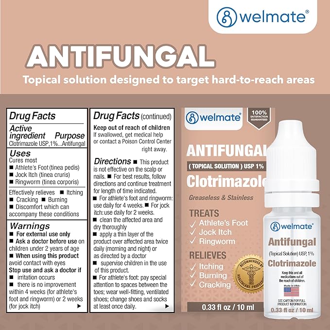 WELMATE Clotrimazole 1% Antifungal Topical Solution, 0.33 fl oz (10mL) – Athlete’s Foot, Jock Itch & Ringworm Treatment, Greaseless, Non-Staining, Fast Relief for Itchy, Cracked, Dry Skin