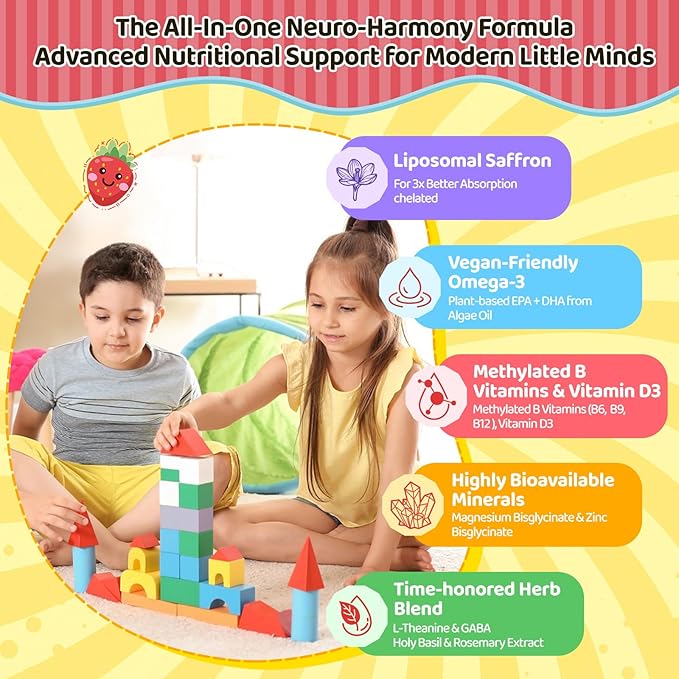 Liposomal Saffron Gummies for Kids 4+, Saffron Supplements w/Holy Basil, Rosemary, Magnesium Glycinate, Omega-3 & More, Brain Focus Support Supplement, Vegan, Organic, Sugar Free, 60 Chewables