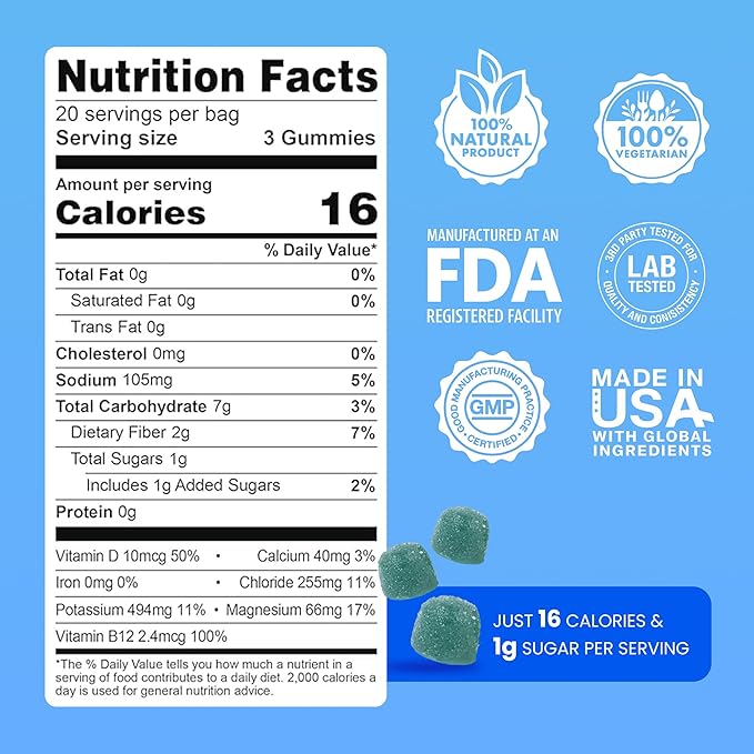 Day One Electrogummies - 60pcs of Blue Raspberry Flavored Electrolyte Gummies for Hydration and Recovery - Packed with Essential Electrolytes Ideal for Workouts, Running, Hiking and More