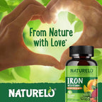 NATURELO Vegan Iron Supplement with Vitamin C and Organic Whole Foods - Gentle Iron Pills for Women & Men with Iron Deficiency Including Pregnancy, Anemia and Vegan Diets - 90 Mini Capsules