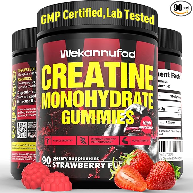 Wekannufod Creatine Monohydrate Gummies for Men & Women,5000MG Creatine Gummy Sugar Free. Boost Focus,Strength, and Endurance, Anti-Melting Formula, Vegan, Gluten-Free, Non-GMO,(Strawberry 90 ct)
