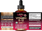 USDA Organic Vitamin B12 Sublingual Drops - 5000 mcg Liquid Vegan Methylcobalamin for Women & Men - Energy Boost, Focus & Mood, Brain Health Support - Maximize Absorption - 2 Month Supply, 2 fl oz