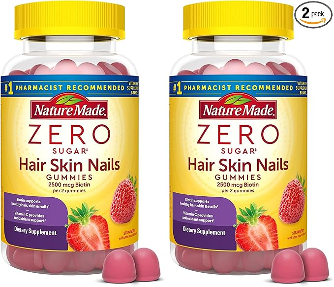 Nature Made Zero Sugar Hair Skin Nails Gummies,Biotin 2500 mcg per Serving,120 Sugar Free Gummies,60 Day Supply,(Pack of 2)