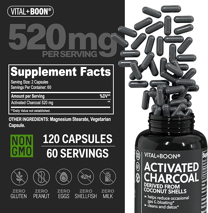 Activated Charcoal Pills – Derived from Coconut Shells – Black Charcoal Binder for Stomach, Gas & Bloating Relief – Gluten Free Vegetarian Active Carbon to Support Detox (120 Capsules)