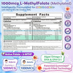 L-Methylfolate 1000 mcg + Methyl B12 Gummies for Kids & Adults - Active 5-MTHF, w/Omega-3 DHA & EPA(3:1), Choline & TMG, B6, Supports MTHFR Gene, Brain, Energy & Methylation, Sugar free, 60 Cts
