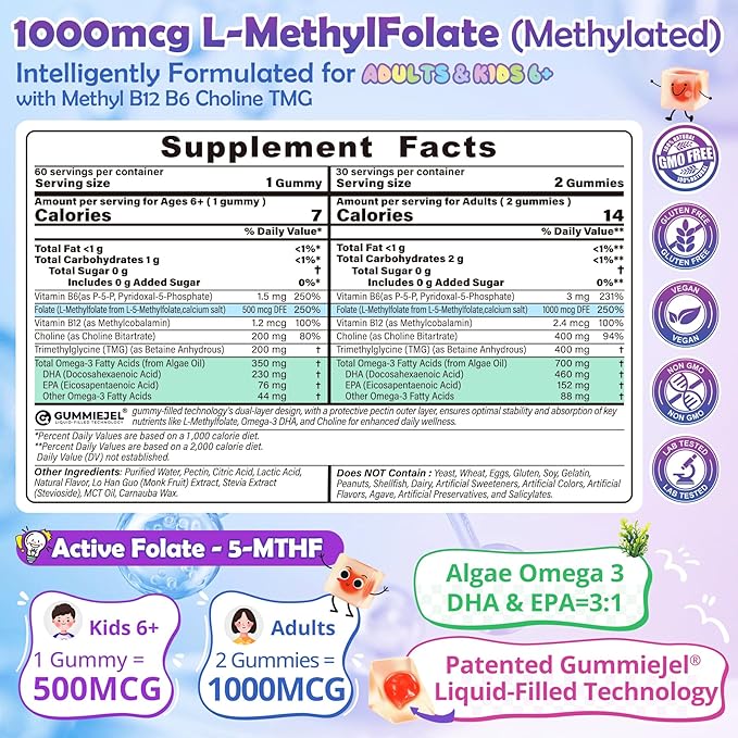 L-Methylfolate 1000 mcg + Methyl B12 Gummies for Kids & Adults - Active 5-MTHF, w/Omega-3 DHA & EPA(3:1), Choline & TMG, B6, Supports MTHFR Gene, Brain, Energy & Methylation, Sugar free, 120 Cts