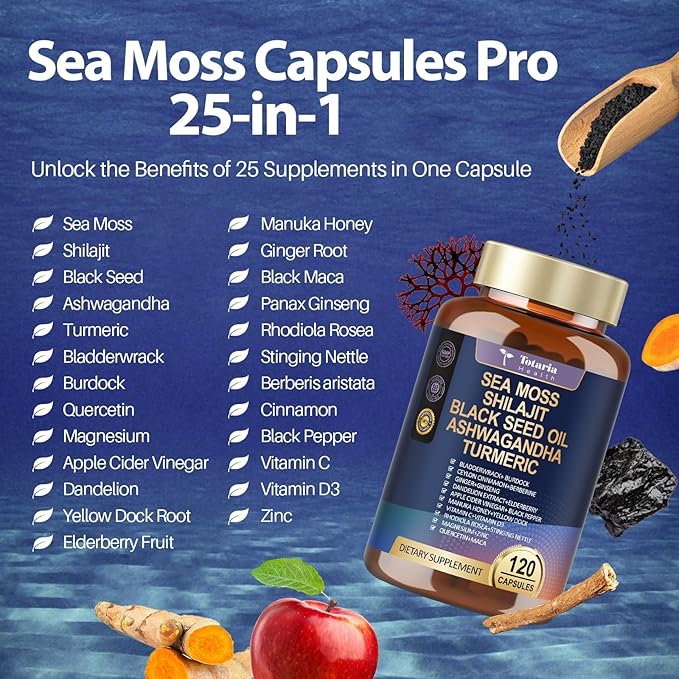25-in-1 Sea Moss Black Seed Oil Ashwagandha Ginger Shilajit Supplement, Sea Moss Capsules Pro with Bladder Burdock Ceylon Cinnamon Berberine ACV Manuka VIT C & D3 for Men Women, 120 Vegan Caps