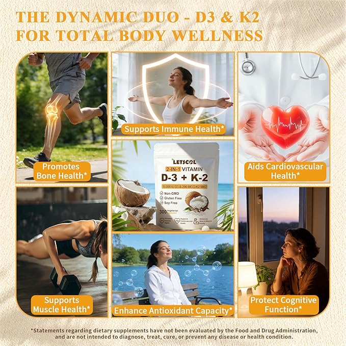 2-in-1 Vitamin D3 K2 Supplement Capsules, Vitamin D3 10000 IU and Vitamin K2 200 mcg, K2 MK7 with D3 Vitamin Supplement Support Immune, Heart, Joint, Teeth & Bone Health